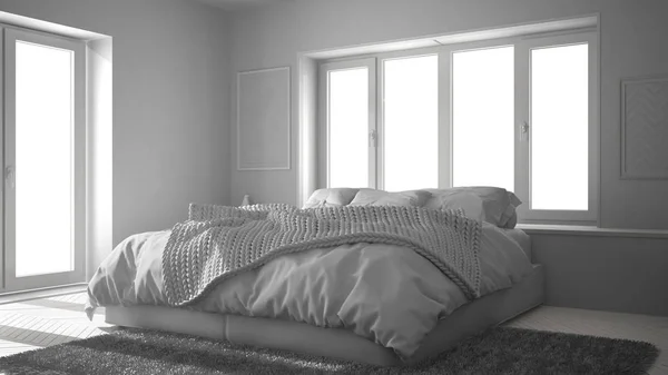 Borrador Proyecto Blanco Total Escandinavo Dormitorio Minimalista Blanco Verde Con — Foto de Stock