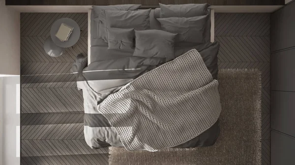 Бело Голубая Минималистская Спальня Паркетным Полом Меховым Ковром Мягким Одеялом — стоковое фото
