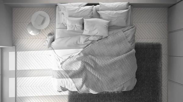 Общий Белый Проект Белой Минималистской Спальни Паркетным Полом Меховым Ковром — стоковое фото