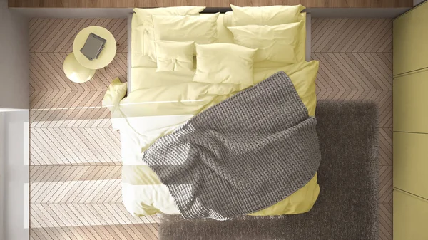 Бело Желтая Минималистская Спальня Паркетным Полом Меховым Ковром Мягким Одеялом — стоковое фото
