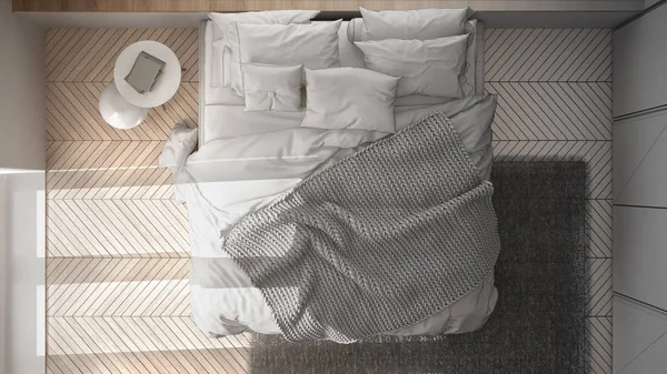 Незавершенный Проект Дизайна Интерьера Белая Минималистская Спальня Паркетным Полом Ковер — стоковое фото