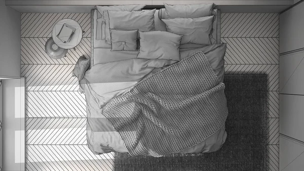 미완성된 프로젝트 인테리어 디자인 흰색과 최소한 침실과 쪽모이 부드러운 평면도 — 스톡 사진
