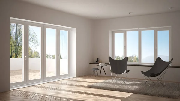 Soggiorno Minimale Bianco Grigio Con Poltrona Moquette Pavimento Parquet Finestra — Foto Stock