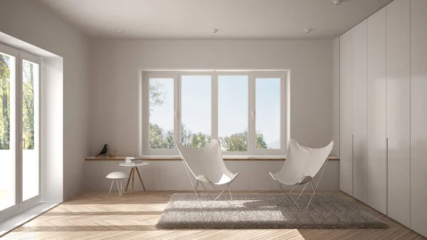 Weißes Minimalistisches Wohnzimmer Mit Sesselteppich Parkettboden Und Panoramafenster Skandinavische Architektur — Stockfoto