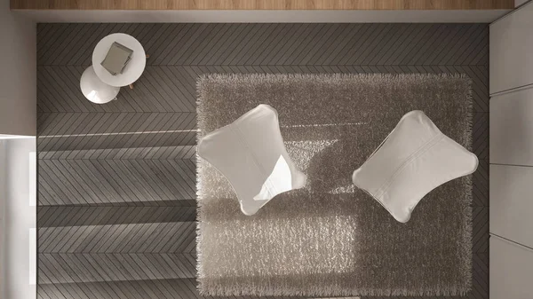 White Gray Minimal Living Room Armchair Carpet Parquet Floor Panoramic — Stock Photo, Image