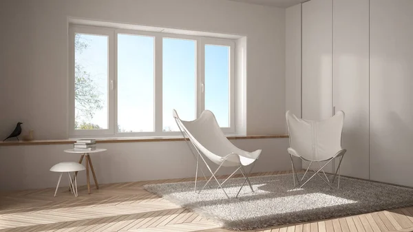Weißes Minimalistisches Wohnzimmer Mit Sesselteppich Parkettboden Und Panoramafenster Skandinavische Architektur — Stockfoto