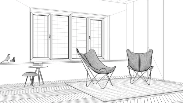 Tasarım Projesi Siyah Beyaz Mürekkep Çizimi Mimari Blueprint Gösteren Oturma — Stok fotoğraf