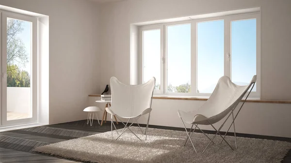 Weiß Und Grau Minimalistisches Wohnzimmer Mit Sesselteppich Parkettboden Und Panoramafenster — Stockfoto