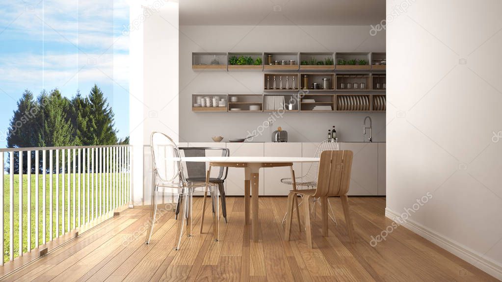 Minimalist white and wooden kitchen with dining table and big panoramic window. Meadow with green grass, trees and blue sky in the background. Eco house interior design