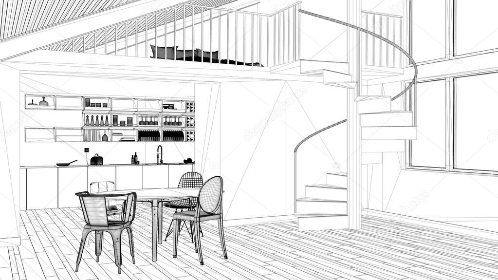 Interior design project, black and white ink sketch, architecture blueprint showing modern kitchen with staircase and mezzanine