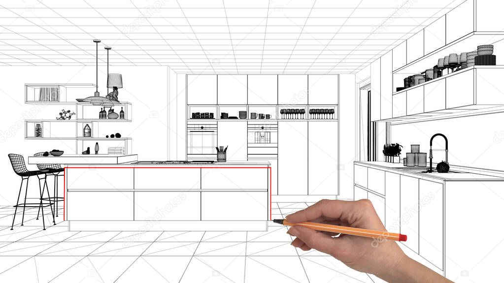 Interior design project concept, hand drawing custom architecture, black and white ink sketch, blueprint showing minimalist kitchen with island