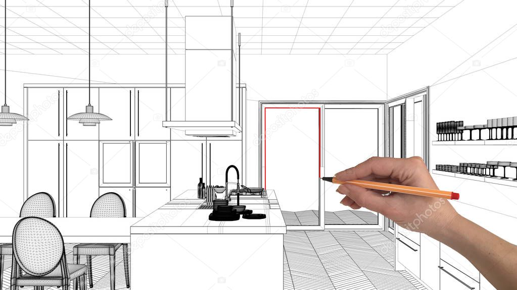 Interior design project concept, hand drawing custom architecture, black and white ink sketch, blueprint showing modern kitchen with dining table