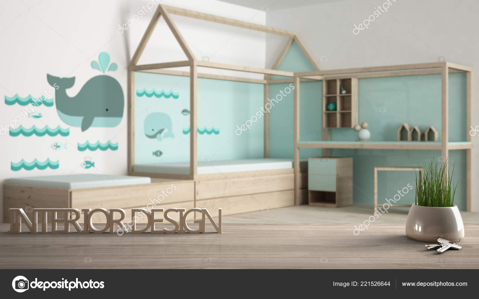 Wooden Table Desk Shelf Potted Grass Plant House Keys Letters