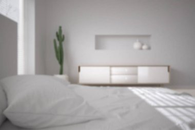 Görüntü arka plan dekorasyon, beyaz minimalist yatak, Venedik Panjur, çağdaş mimarisi ile büyük pencere