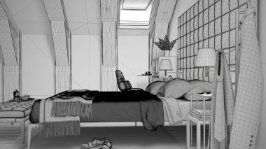 Tamamlanmamış proje taslak robot resmini çağdaş gri yatak odasında lüks tavan, yatak ve halı, klasik iç tasarım