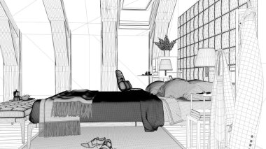 Tamamlanmamış proje taslak robot resmini çağdaş gri yatak odasında lüks tavan, yatak ve halı, klasik iç tasarım