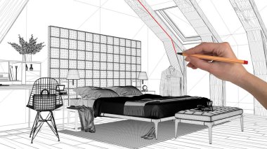 İç Tasarım Proje konsepti, el çizimi özel mimarisi, siyah ve beyaz mürekkep kroki, plan gösteren lüks çağdaş yatak odası