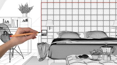 İç Tasarım Proje konsepti, el çizimi özel mimarisi, siyah ve beyaz mürekkep kroki, plan gösteren lüks çağdaş yatak odası