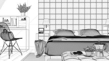 İç mimari proje, siyah ve beyaz mürekkep kroki, gösterilen çağdaş yatak odası, çatı, klasik mimari mimari planı