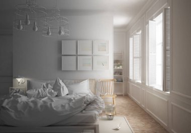 İskandinav en az yatak dağınık yatak ve büyük pencereler, minimalist mimari iç tasarım tamamlanmamış proje taslağı