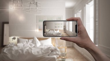 Akıllı telefon, Ar uygulama, tutan el mobilya taklit ve gerçek ev mimar tasarım konsepti, iç tasarım ürünleri arka plan, modern İskandinav yatak odası bulanıklık