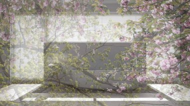 Şeffaf çiçek arka plan, İskandinav banyo, beyaz minimalist kavram iç tasarım üzerinde