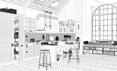 İç tasarım projesi, siyah ve beyaz mürekkep kroki, mimari plan gösteren çağdaş İskandinav mutfak