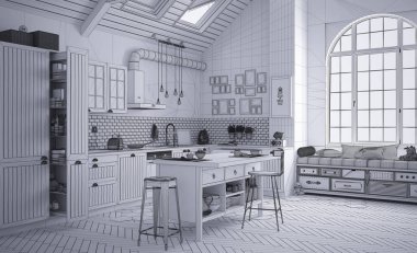 Çağdaş İskandinav mutfak, minimalist mimari iç tasarım tamamlanmamış proje taslağı