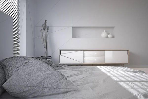 Niedokończony Projekt Projekt Szkic Białe Sypialnia Minimalistyczny Duże Okna Żaluzji — Zdjęcie stockowe