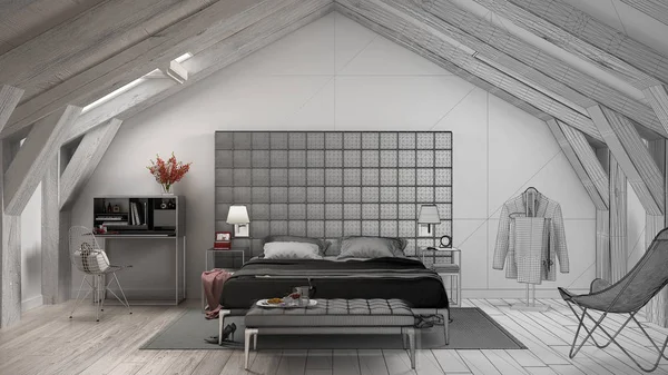 Unfinished Project Draft Sketch Contemporary Gray Bedroom Luxury Attic Bed — Stock Photo, Image