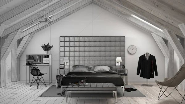 Unfinished project draft sketch of contemporary gray bedroom in luxury attic, bed and carpet, classic interior design