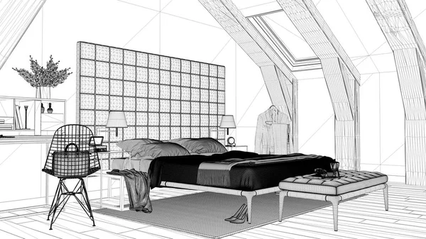 Mimari Proje Siyah Beyaz Mürekkep Kroki Gösterilen Çağdaş Yatak Odası — Stok fotoğraf