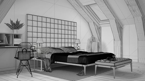 Ημιτελές Έργο Σχέδιο Σκίτσο Της Σύγχρονης Γκρι Υπνοδωμάτιο Σοφίτα Πολυτέλεια — Φωτογραφία Αρχείου