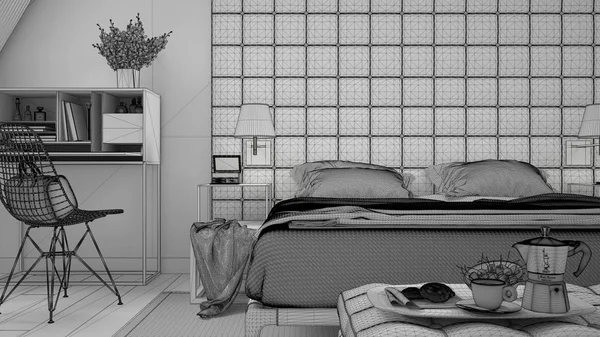 豪華な屋根裏部屋 ベッド カーペット クラシックなインテリア デザインで現代的な灰色寝室の未完のプロジェクト案のスケッチ — ストック写真