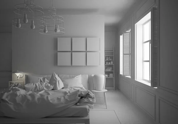 斯堪的纳维亚最小的卧室的总白色项目与凌乱的床和大窗户 简约的建筑室内设计 — 图库照片