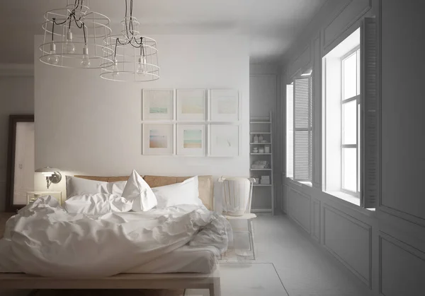Ημιτελές Έργο Σχέδιο Από Σκανδιναβικές Minimal Κρεβατοκάμαρα Ακατάστατο Κρεβάτι Και — Φωτογραφία Αρχείου