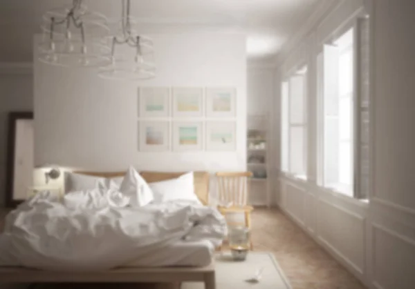 Дизайн Інтер Єру Розмитого Фону Скандинавська Мінімальна Спальня Безладною Ліжком — стокове фото