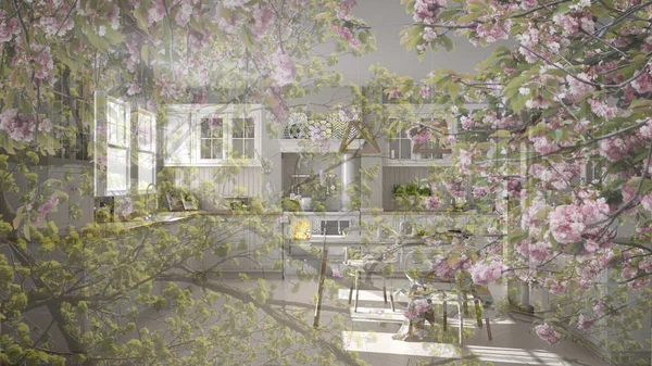 Fundo Floral Transparente Sobre Cozinha Branca Clássico Escandinavo Com Detalhes — Fotografia de Stock