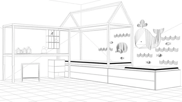 Interior design project, black and white ink sketch, architecture blueprint showing children bedroom with single bed and desk, minimalist architecture interior design