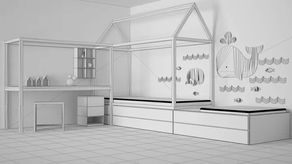 Unfinished project draft of children bedroom with single bed and desk, minimalist architecture interior design