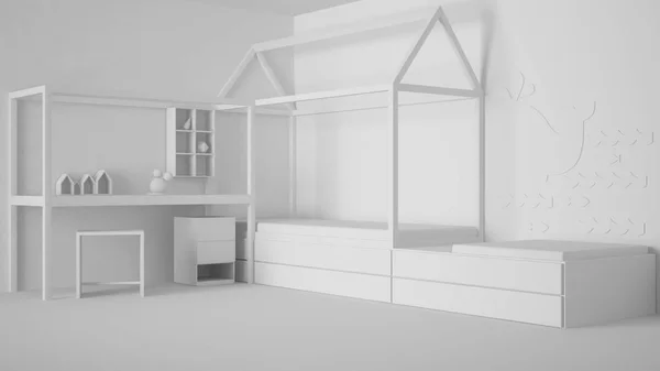 Totale Witte Project Voor Kinderen Slaapkamer Met Eenpersoonsbed Bureau Minimalistische — Stockfoto