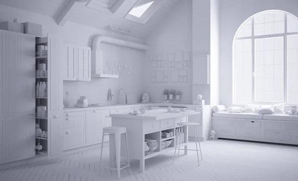 Proyecto Blanco Total Cocina Escandinava Contemporánea Diseño Interiores Arquitectura Minimalista — Foto de Stock