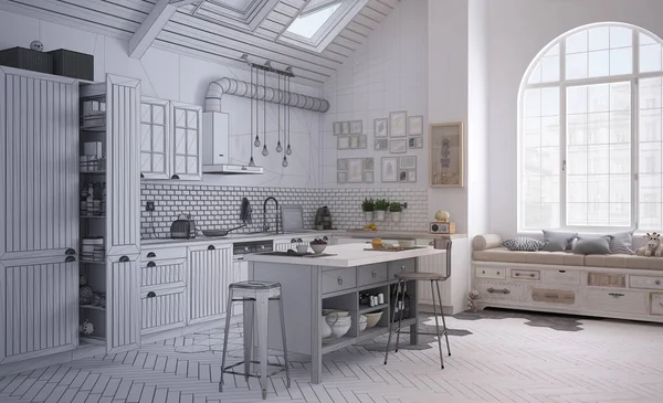 Progetto Incompiuto Bozza Cucina Scandinava Contemporanea Architettura Minimalista Interior Design — Foto Stock
