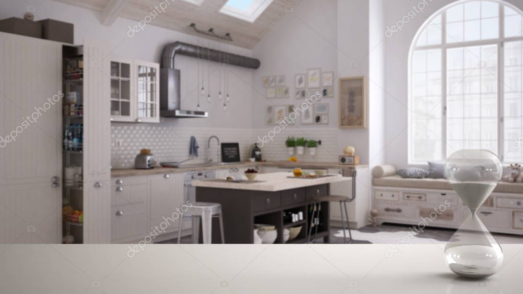 White table or shelf with crystal hourglass measuring the passing time over contemporary kitchen in scandinavian style, architecture interior design, copy space background