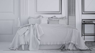 Tamamlanmamış proje taslağı ahşap duvar ve çift yumuşak yatak, çağdaş mimari iç tasarım klasik yatak odası