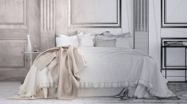 Tamamlanmamış proje taslağı ahşap duvar ve çift yumuşak yatak, çağdaş mimari iç tasarım klasik yatak odası