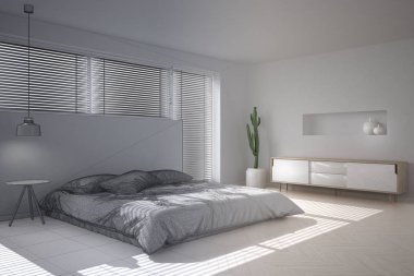Tamamlanmamış proje taslak beyaz minimalist yatak odası, Venedik Panjur, çağdaş mimari iç tasarım ile büyük pencere taslağını
