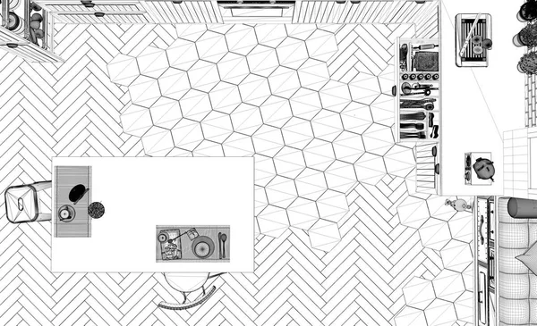 Interior design project, black and white ink sketch, architecture blueprint showing kitchen, with island, tiles and parquet floor, top view, minimalist architecture interior design