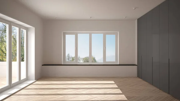 Nowoczesną Przestrzeń Gdzie Duże Panoramiczne Okna Drewniane Podłogi Minimalistyczne Białe — Zdjęcie stockowe