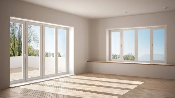 Moderner Leerer Raum Mit Großen Panoramafenstern Und Holzboden Minimalistische Innenarchitektur — Stockfoto